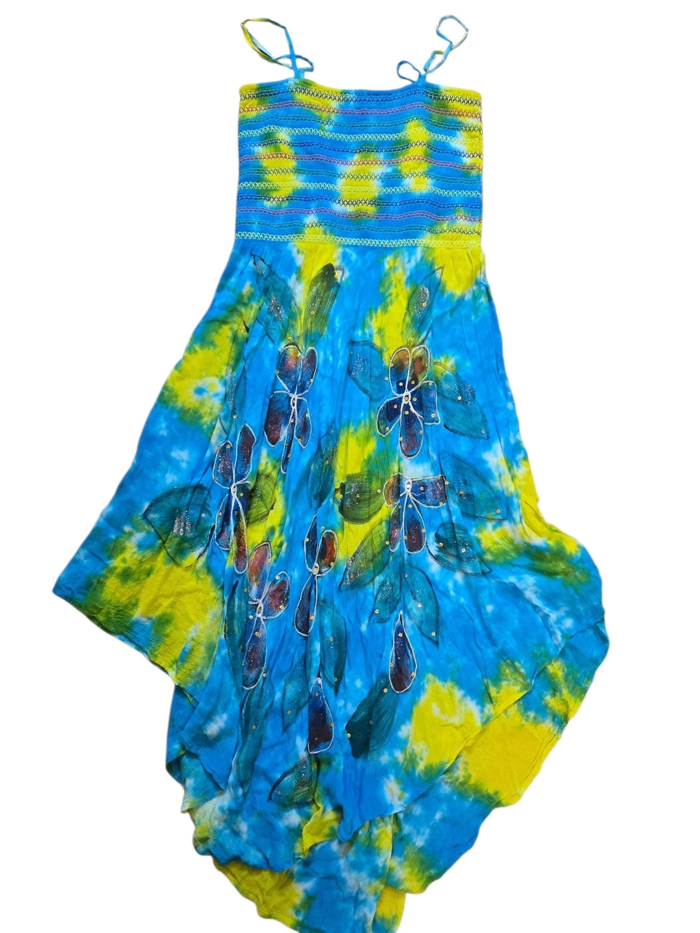 90s Boho Hippie Metropolitan Tie Dye Festival Dress Hand Painted Sequin VTG  M
